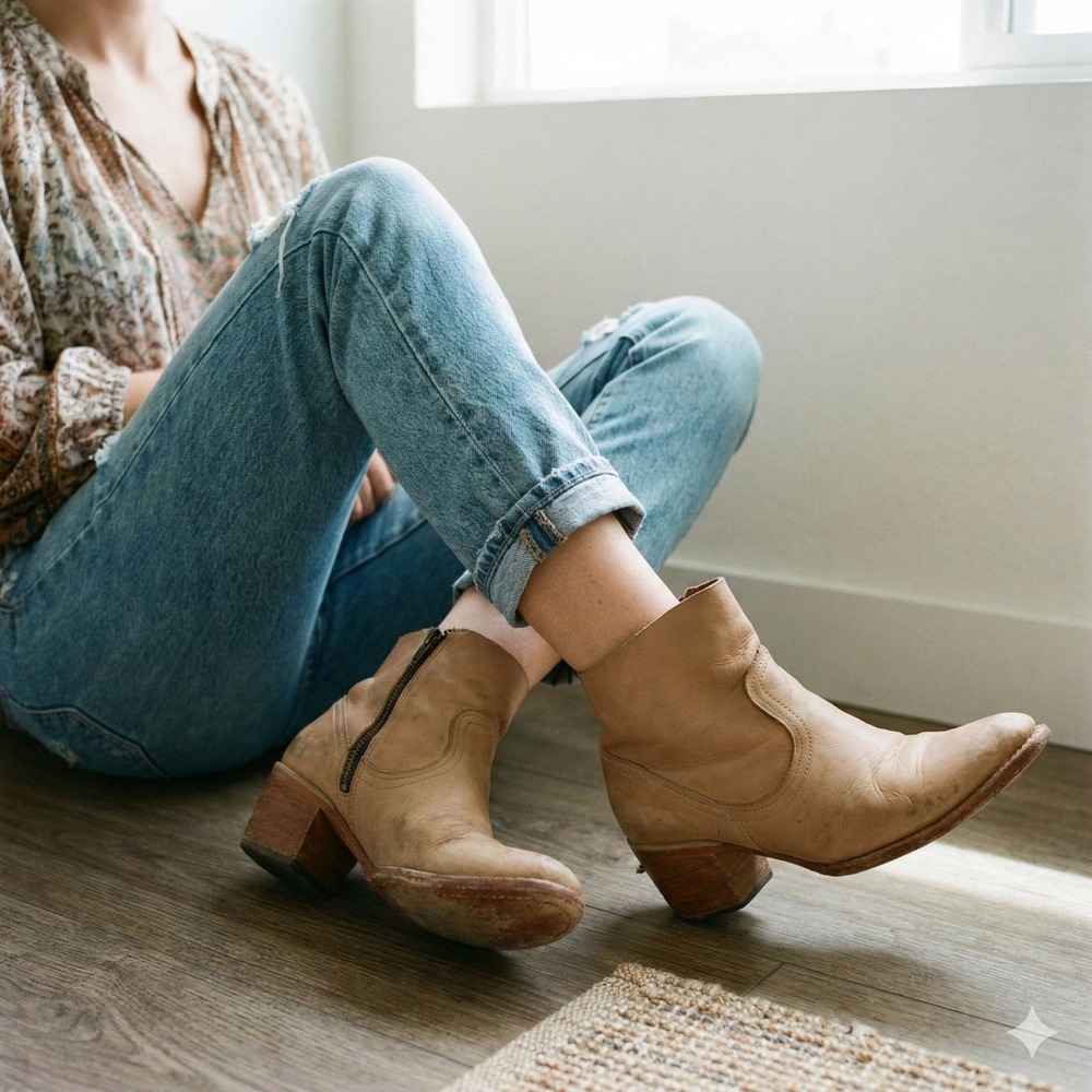 Freebird Western Ankle Boots Womens 7‎ Tan Leather Stacked Wood Block Heel Shoes